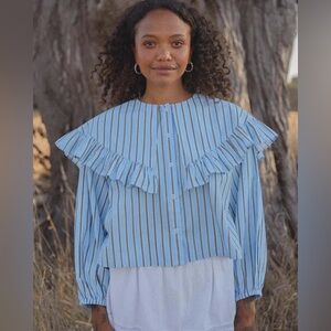 Sonderhaus Elizabeth Blouse L Blue Pinstripe Feminine Dramatic Collar Ruffle